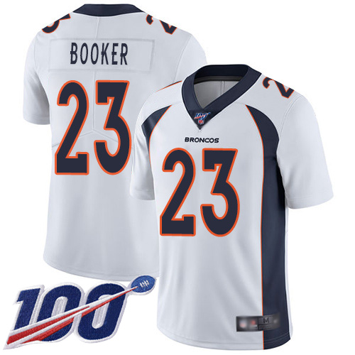 Men Denver Broncos #23 Devontae Booker White Vapor Untouchable Limited Player 100th Season Football NFL Jersey->denver broncos->NFL Jersey